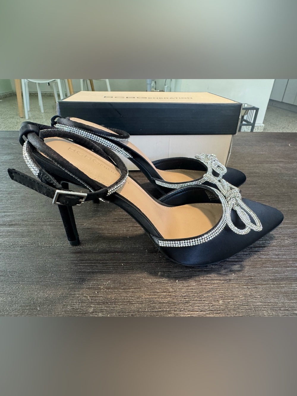BCBG Black Satin Rhinestone-Trim Heeled Sandals
